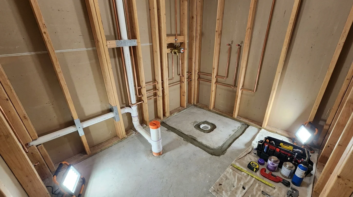 Bathroom rough-in plumbing during remodel by Johns Plumbing LLC in Elk Rapids