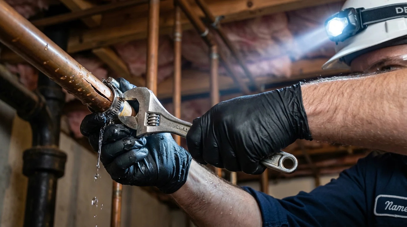 Emergency pipe clamp repair being performed by a Johns Plumbing LLC plumber in Elk Rapids