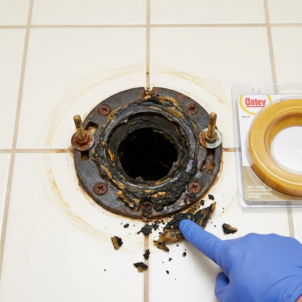 Failed wax ring showing water seepage at the base of a toilet in a Elk Rapids, MI home