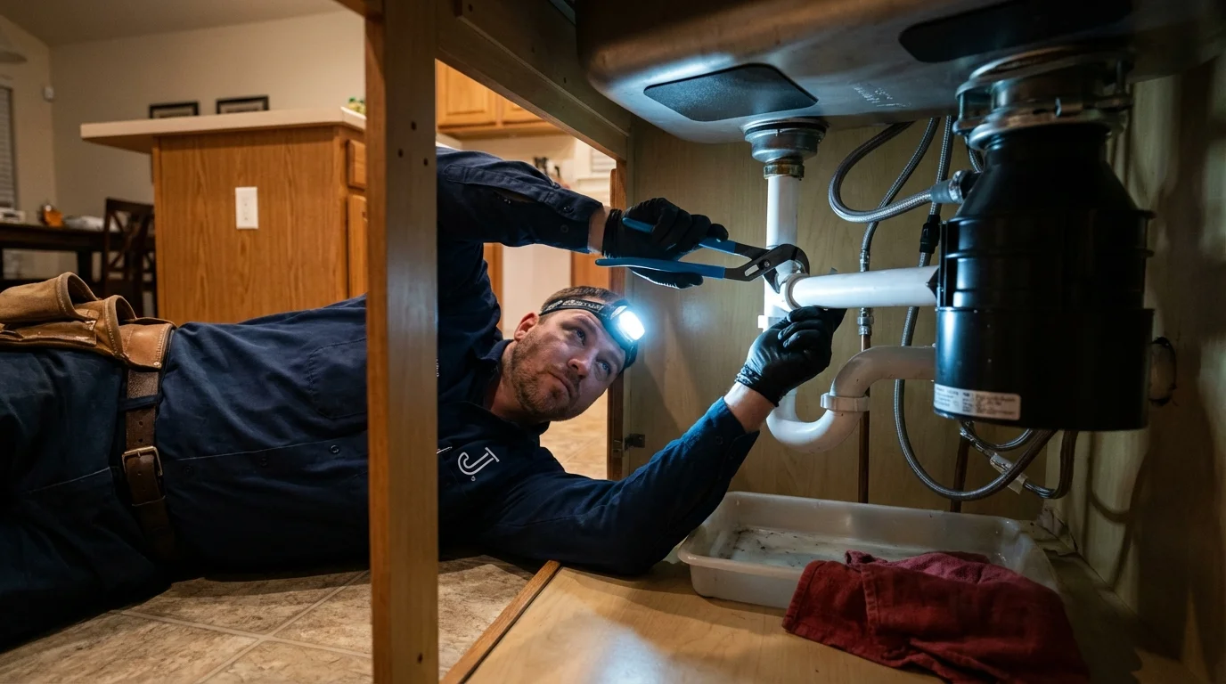 P-trap and supply line connections under a kitchen sink showing a common leak point in Elk Rapids, MI
